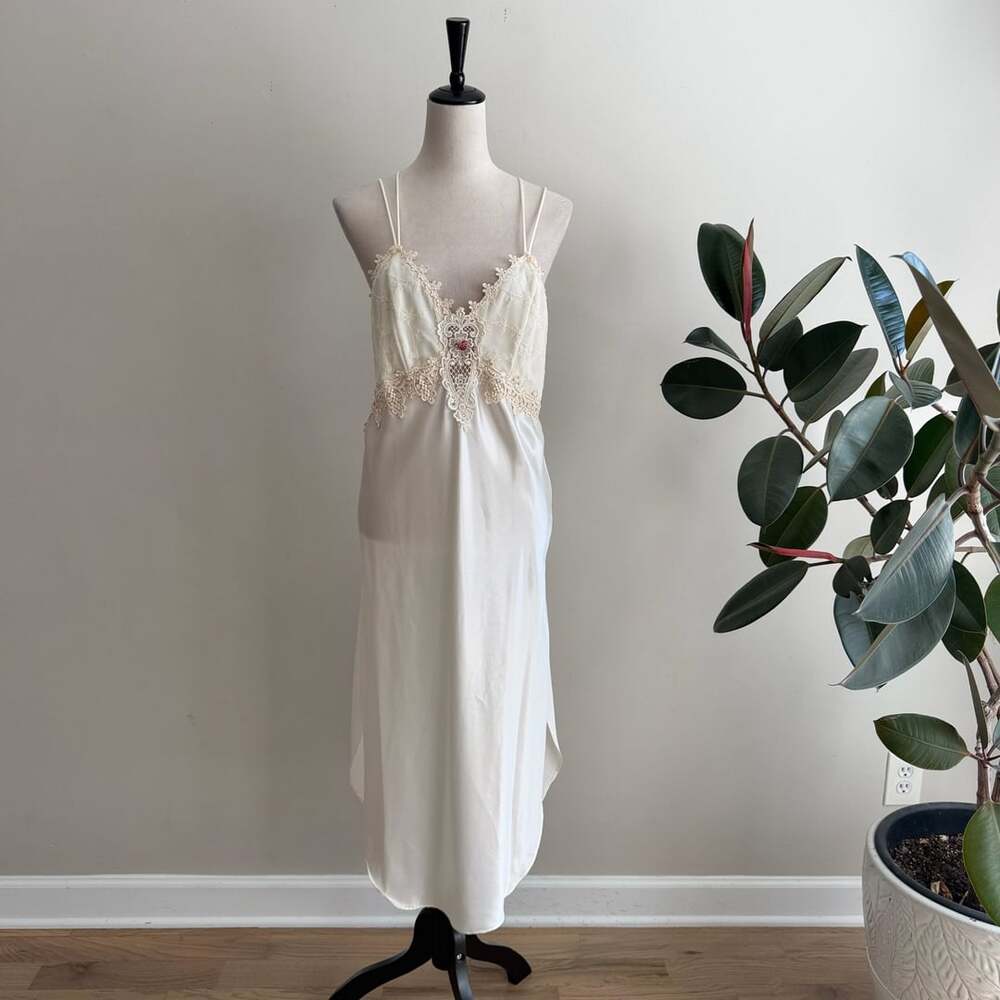 California Dynasty Nightgown Slip Dress Cream Lace Satin Coquette Romantic